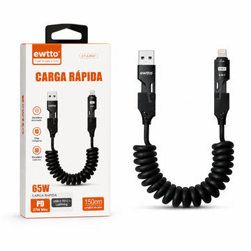Cable Espiral de Carga Rápida 65W Ewtto 4 en 1 USB-A USB-C Lightning 1.5 m