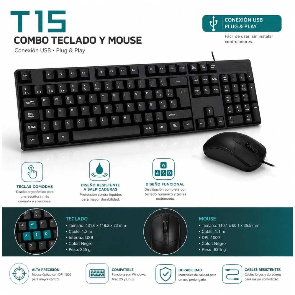 Kit Teclado y Mouse T15 USB Alámbrico Negro para PC y Laptop Teclado Numérico