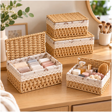 Set de 3 Cajas Canastas Organizadoras Tejidas con Tapa Multiuso y Decorativas
