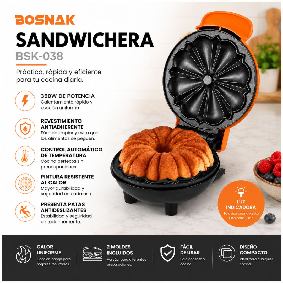 Sandwichera BOSNAK BSK-038 350W Antiadherente Tipo Flor Pasteles Cakes
