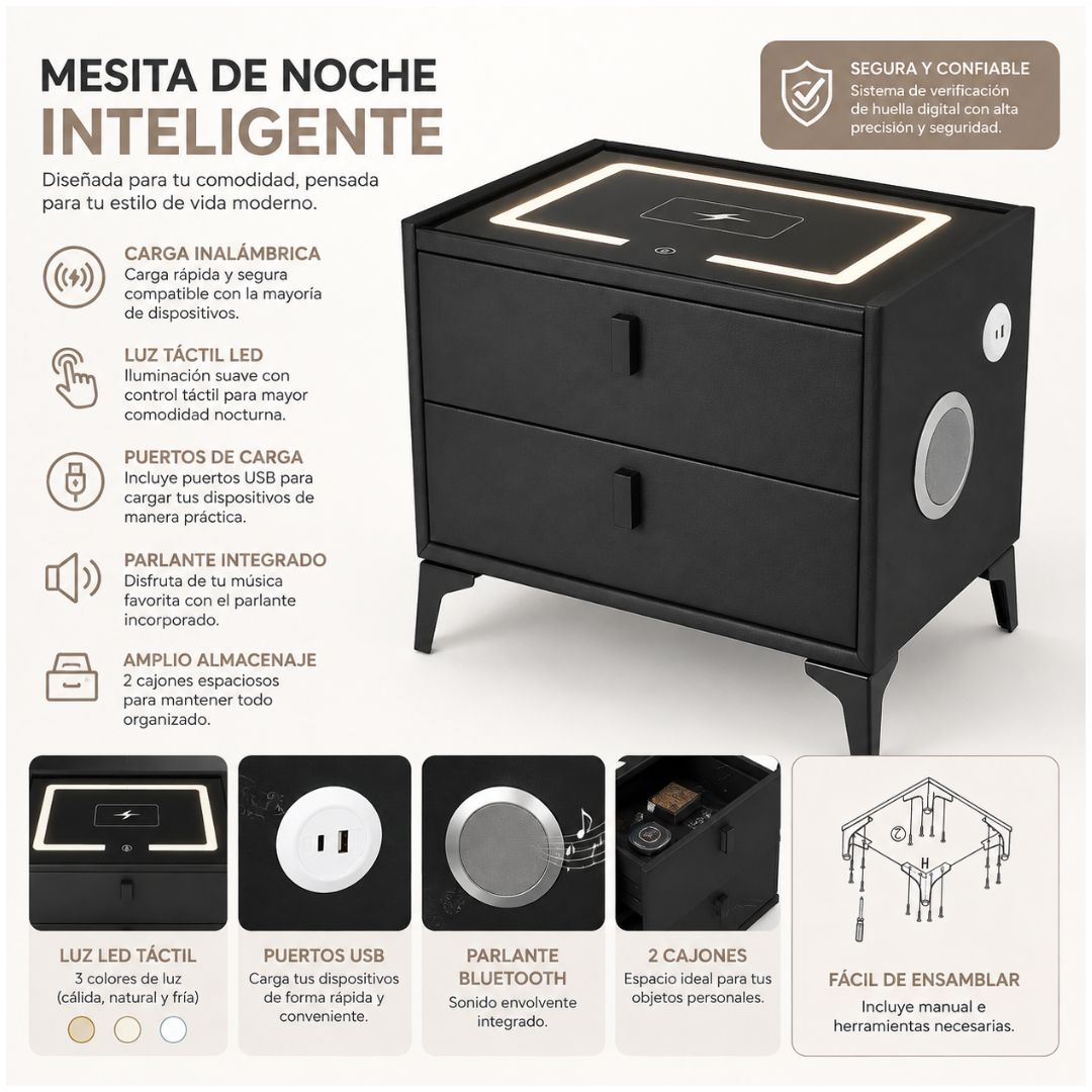 Mesa de Noche Inteligente Velador Smart Parlante Bluetooth Cargador Inalámbrico