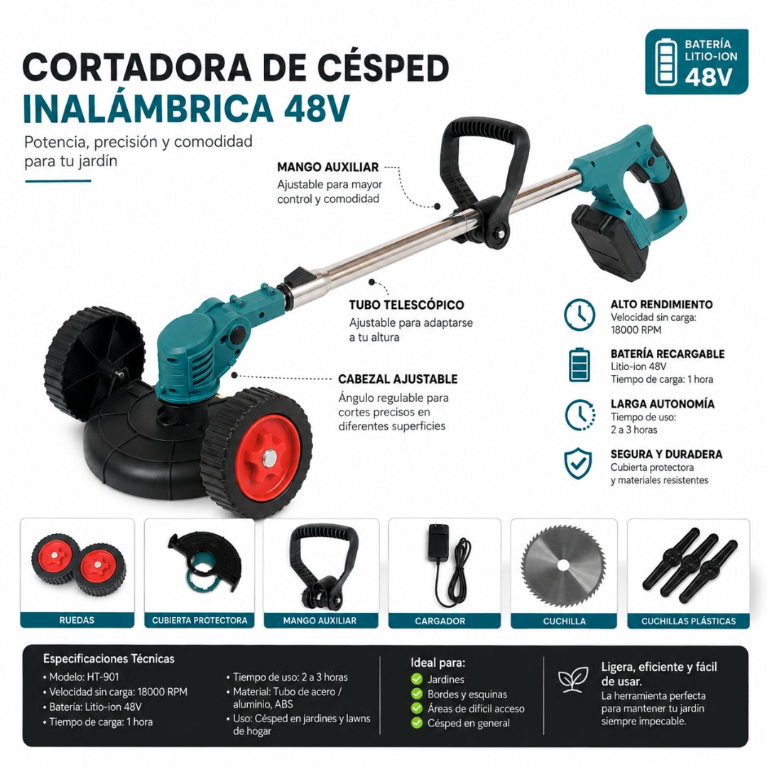 Podadora de Césped Inalámbrica 48V Recargable Cortadora de Grass con Ruedas