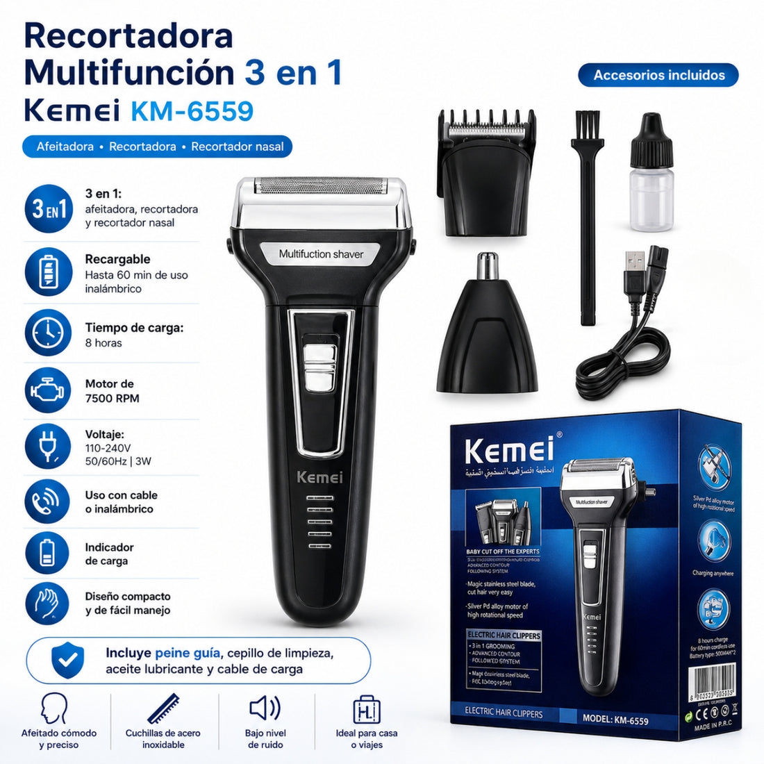Máquina Afeitadora Rasuradora Eléctrica 3 en 1 Recargable Kemei 6559