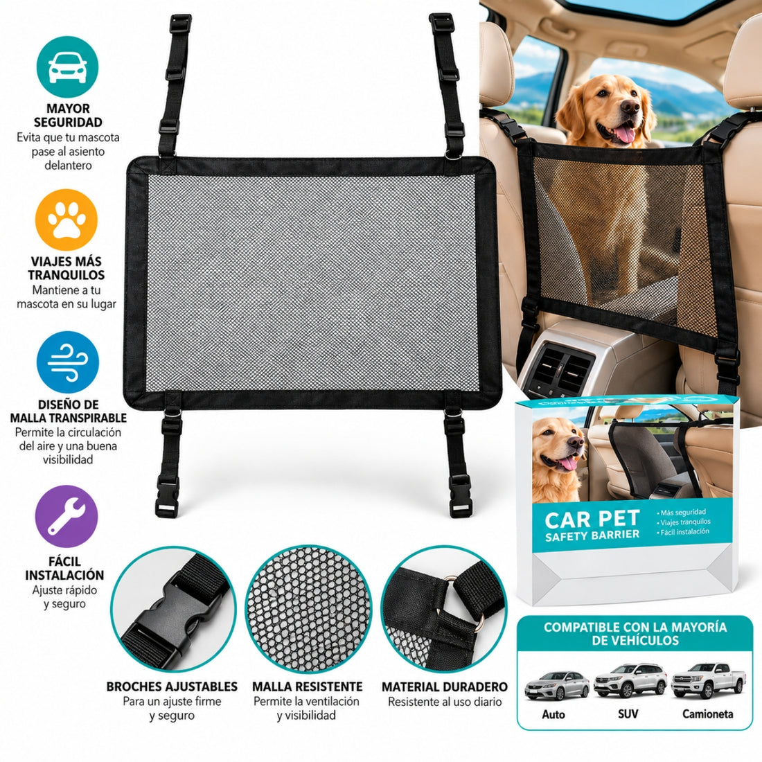 Barrera de Seguridad para Mascotas en Auto con Malla Ajustable y Correas