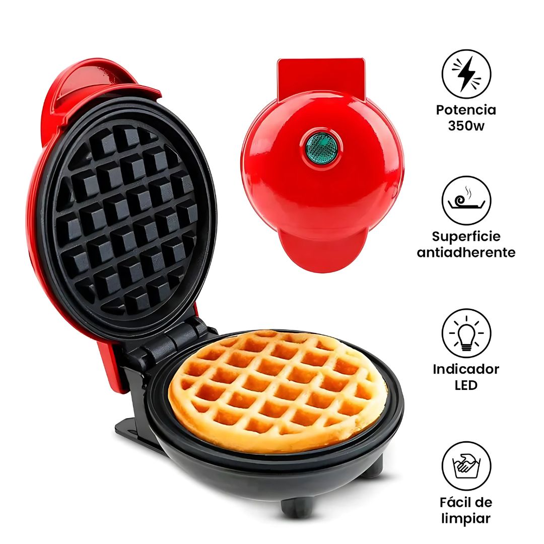 Mini Wafflera Antiadherente Eléctrica Portátil de 350W Rojo