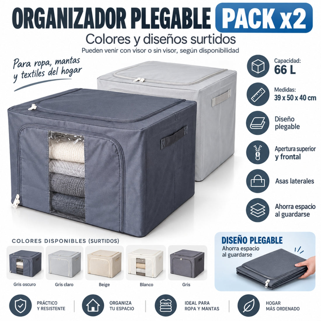 Pack x2 Organizador Plegable para Ropa 66 L Colores y Diseños Surtidos