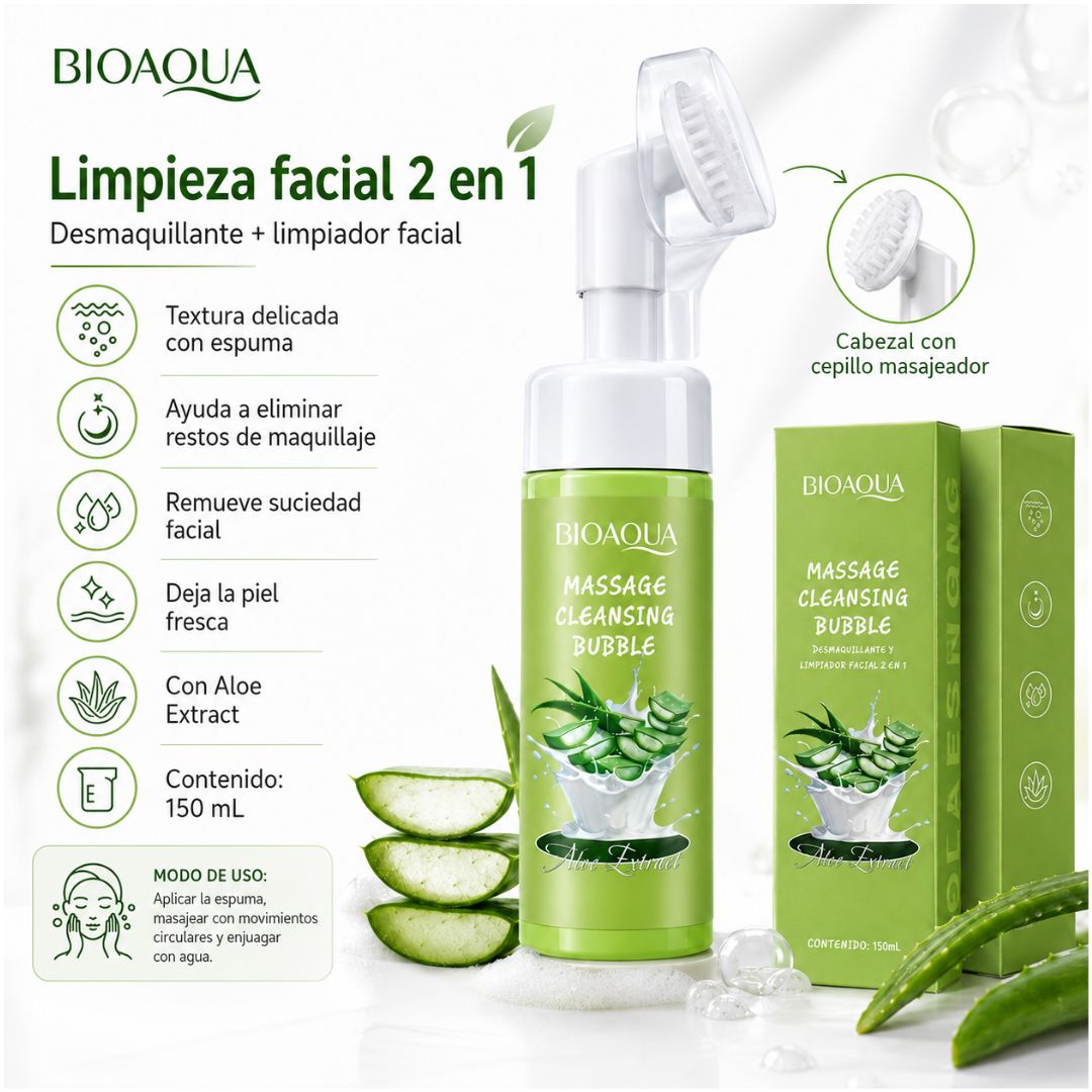 Limpiador Desmaquillador Facial 2 en 1 BIOAQUA 150ml con Aloe y Cepillo Masajeador