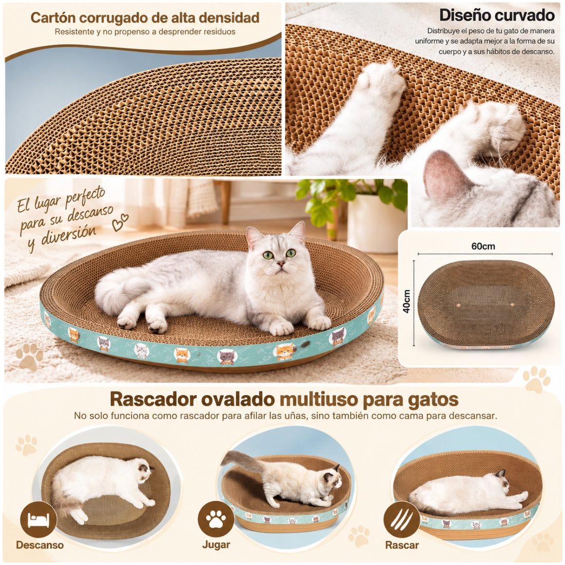 Cama Rascador Ovalado para Gato Corrugado de Alta Densidad 40x60cm