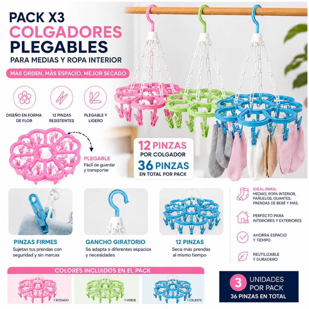 Pack x3 Colgador Perchero Plegable para Medias y Ropa Interior con 36 Ganchos