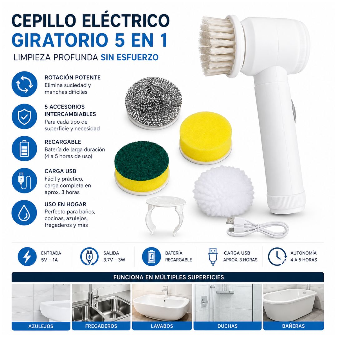 Cepillo Eléctrico Giratorio Recargable 5 en 1 Para Limpieza Profunda Multiusos