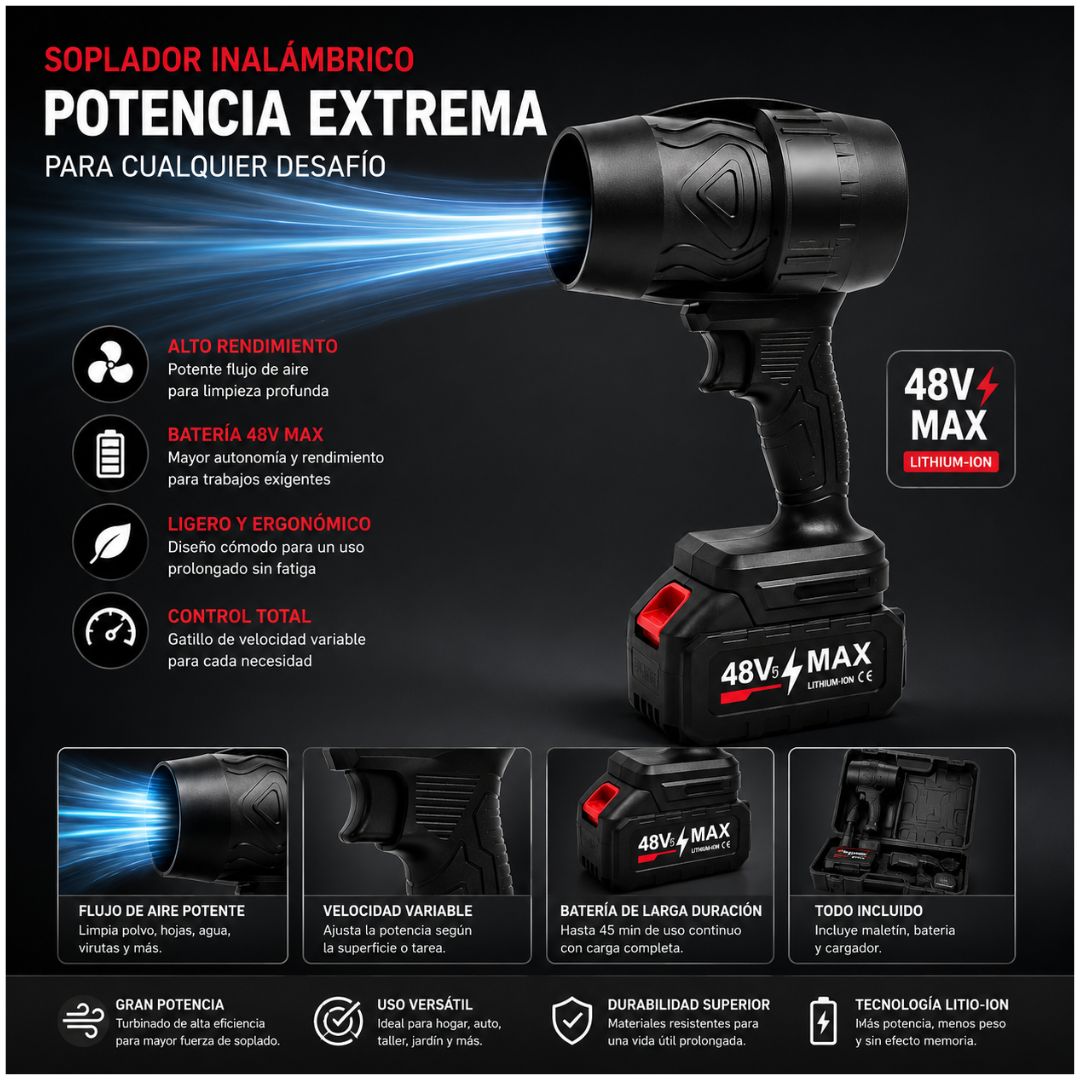 Pistola Soplador de Polvo Turbo Multifuncional Inalámbrico de 48V
