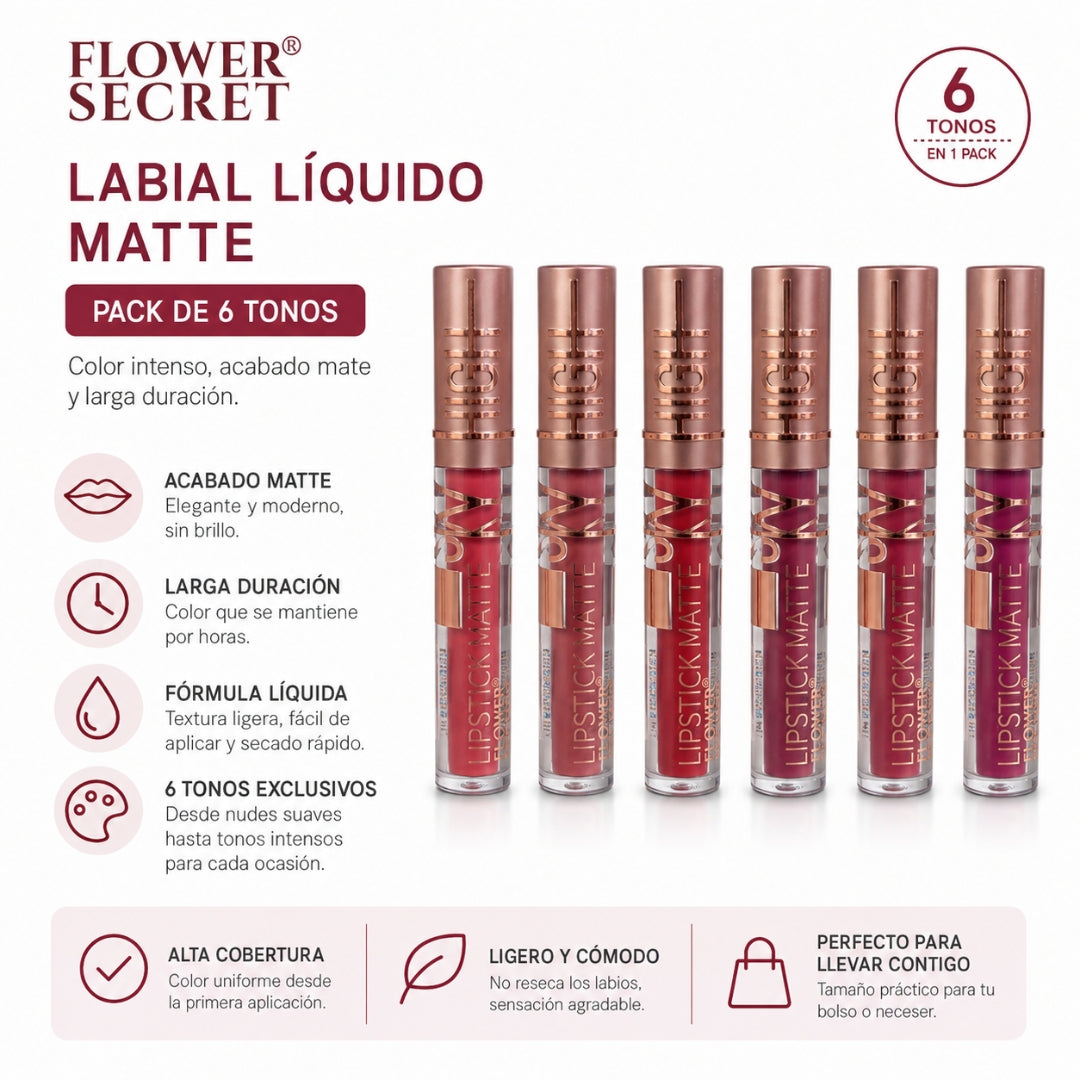 Pack x6 Tonos Labiales Líquidos Mate Flower Secret de Larga Duración