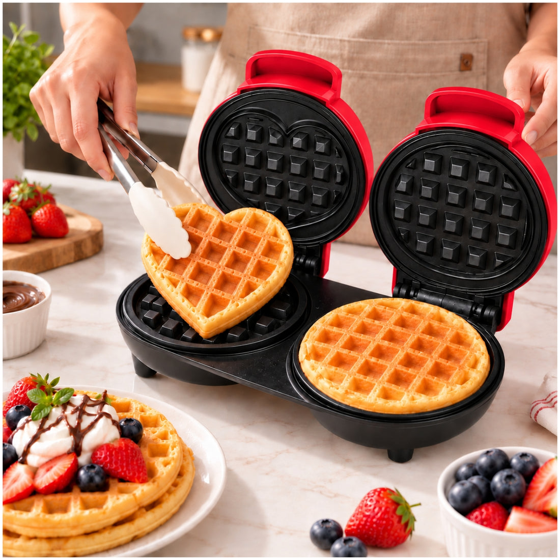 Mini Wafflera Doble Antiadherente Eléctrica Portátil de 640W