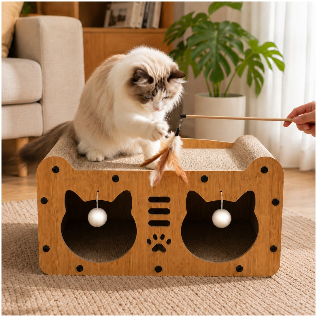 Casa Rascador para Gatos 2 en 1 con Cama y Refugio Acabado Tipo Bambú 27x51cm