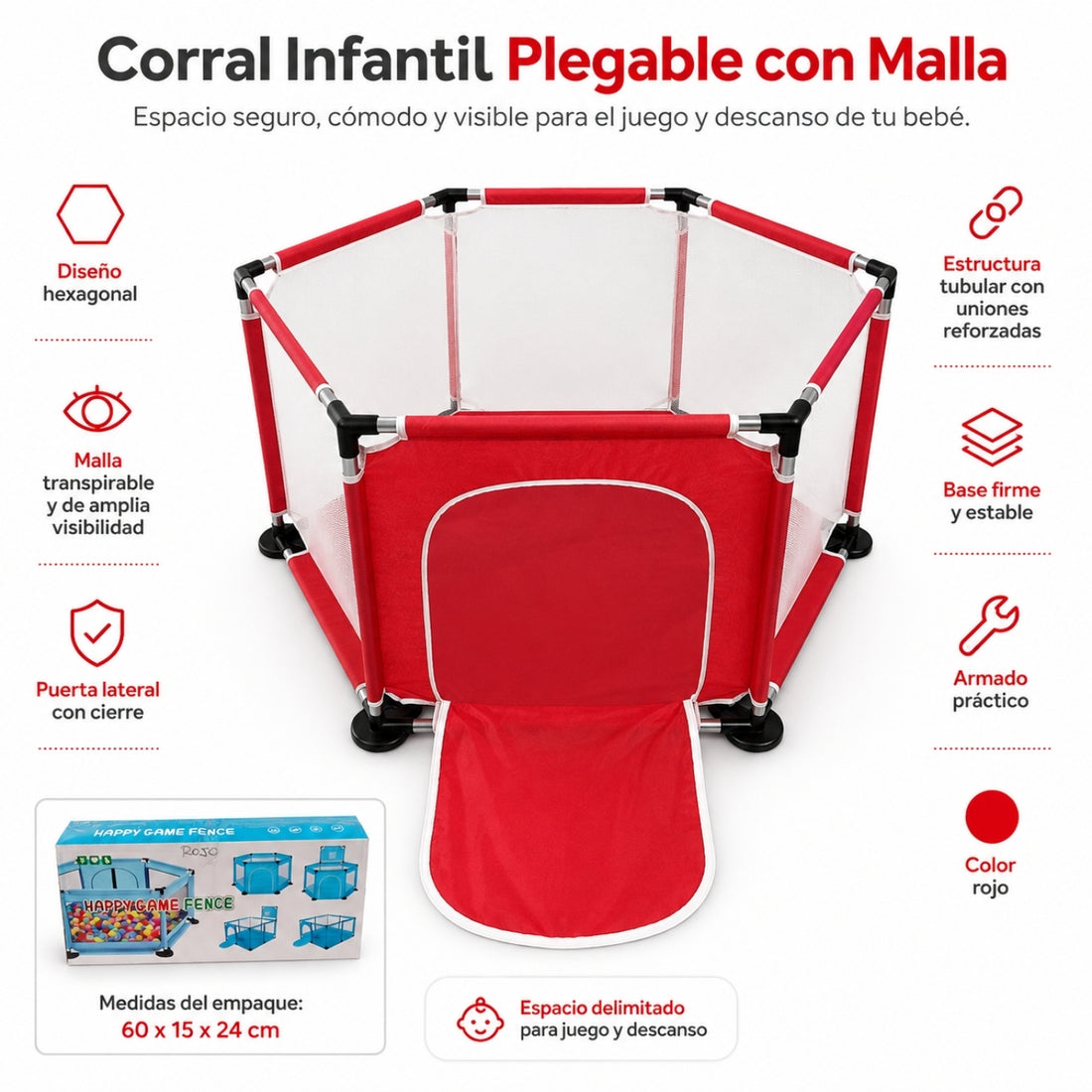 Corral Infantil Hexagonal con Malla Puerta Frontal y Área de Juegos para Bebés 63x126x110cm