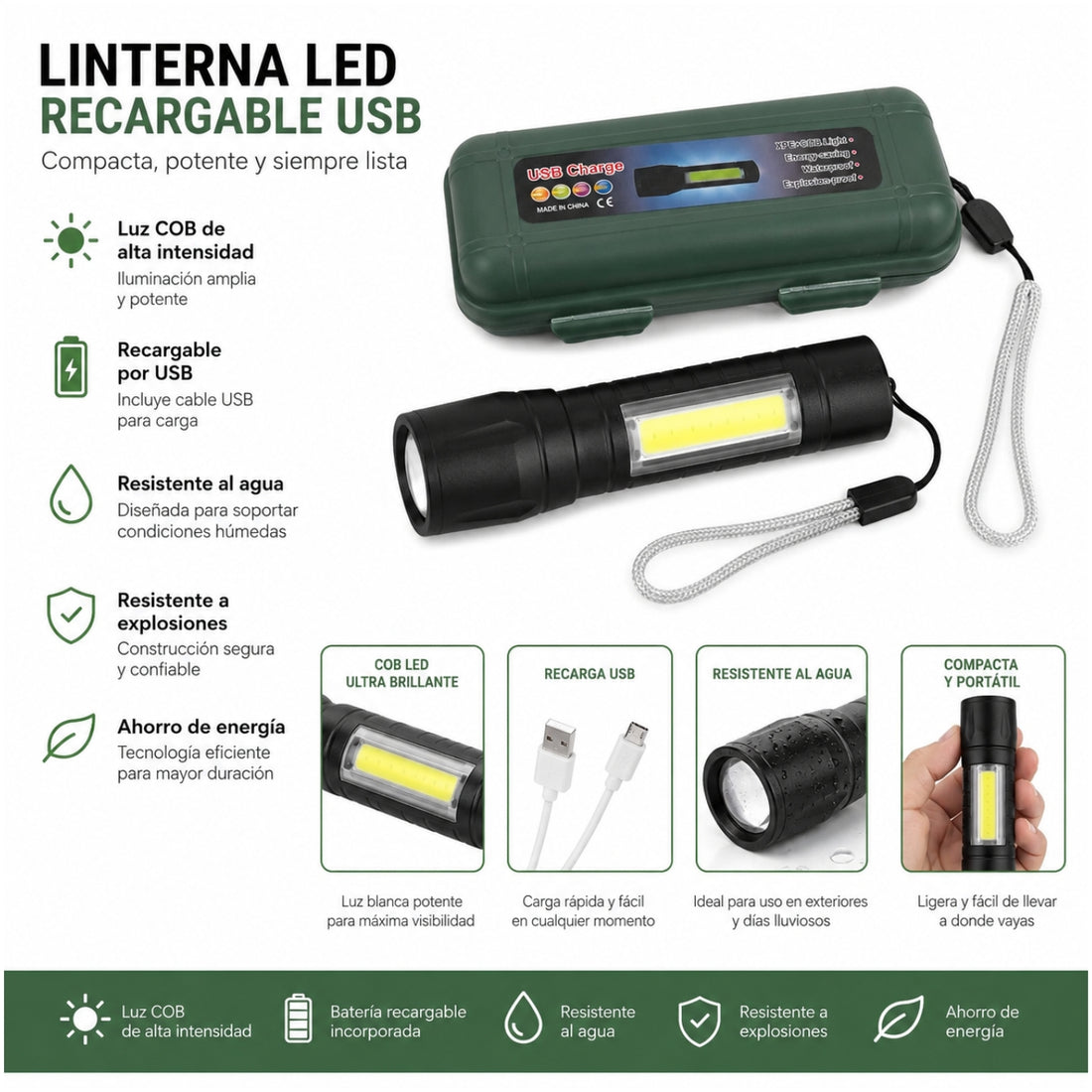 Linterna LED Recargable USB Multifunción Potente con Luz COB Estuche y Correa
