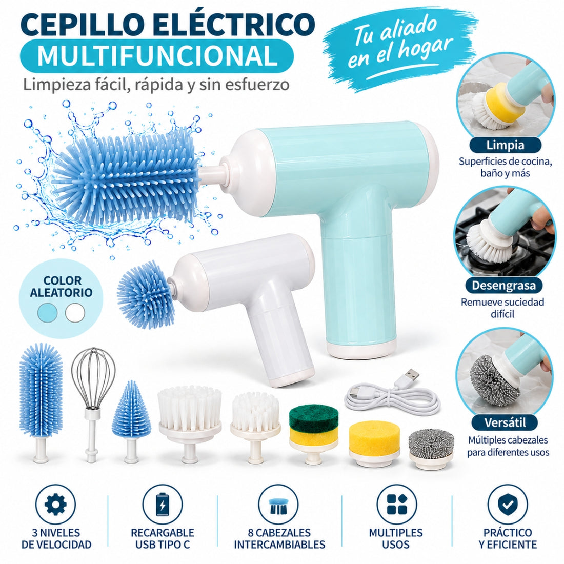 Cepillo Eléctrico Multifuncional Inalámbrico Recargable 8 en 1 Color Aleatorio