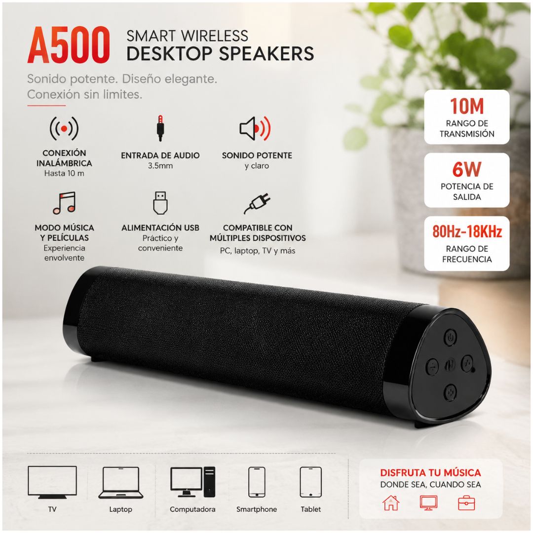 Parlante Bluetooth Barra de Sonido A500 Recargable 6W Entrada USB TF y 3.5mm
