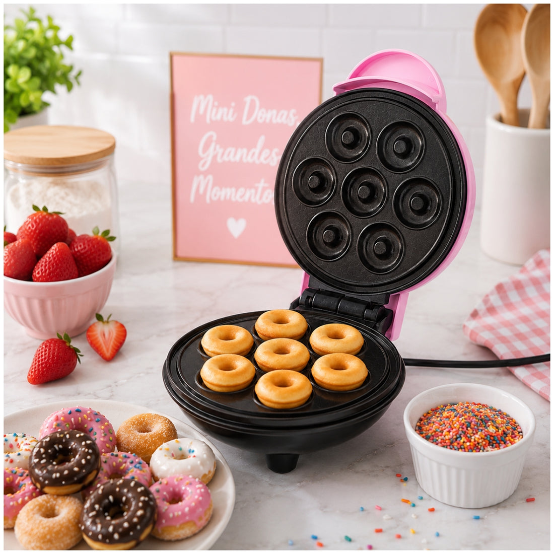 Mini Wafflera Para 7 Mini Donas Antiadherente Eléctrica Portátil de 350W
