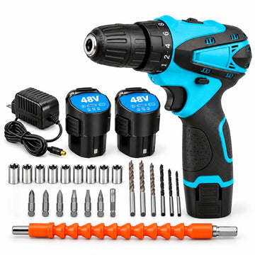 Kit Taladro Atornillador Ergonómico Azul Inalámbrico 48V con 2 Baterías con Maletín y Accesorios