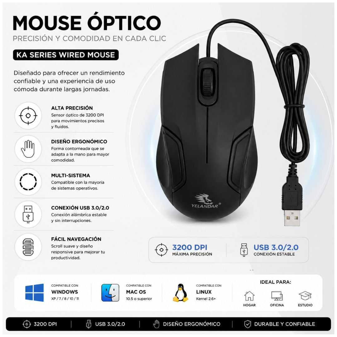 Mouse Óptico Gamer USB Yelandar Ergonómico 3200 DPI Ajustable