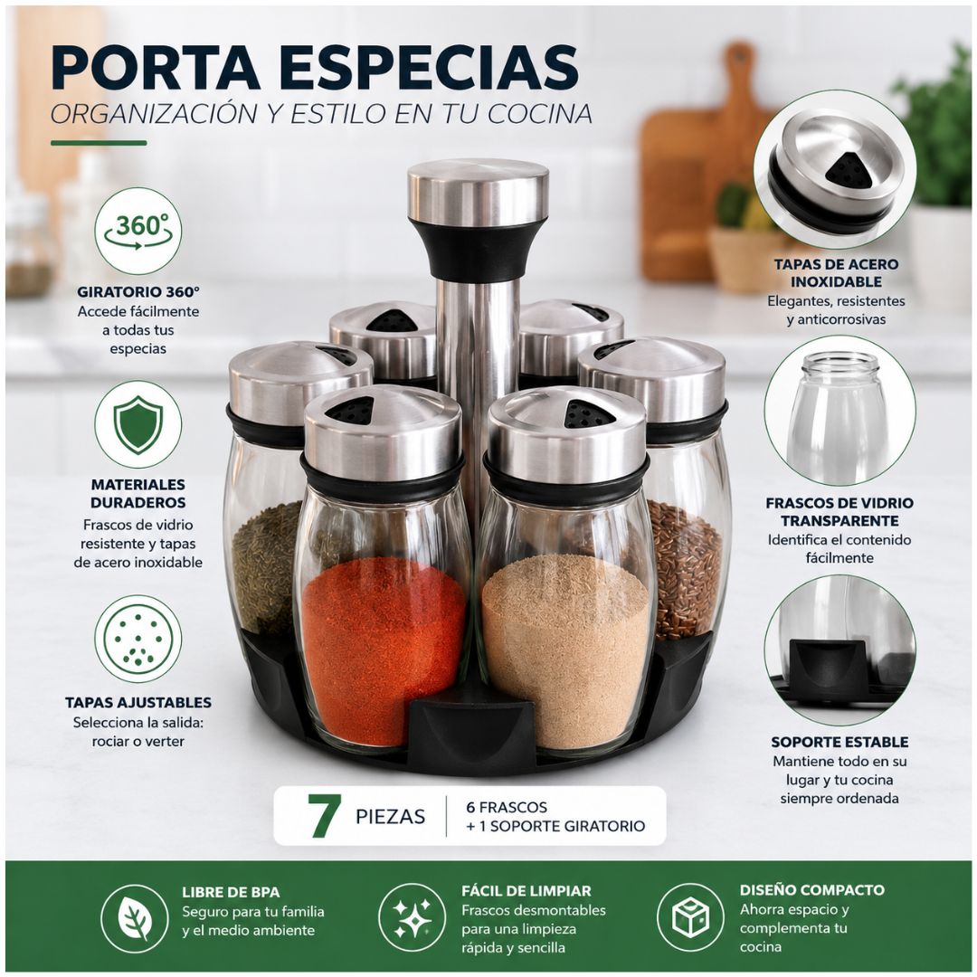 Organizador de Condimentos Condimentero Especiero 360° + 6 Frascos de Vidrio