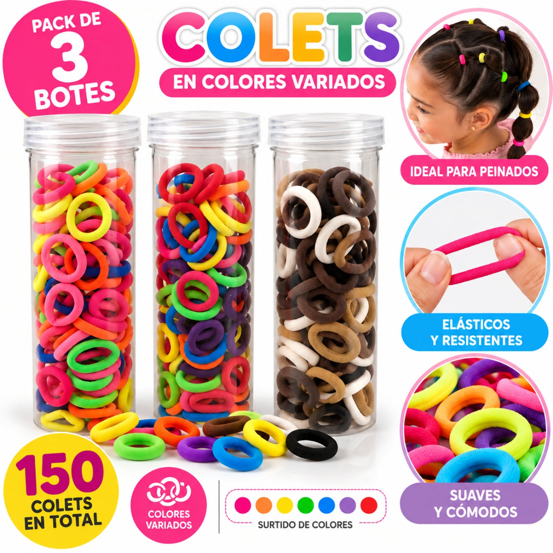 Pack x 150 Colets Ligas para Cabello en Colores Variados para Niñas