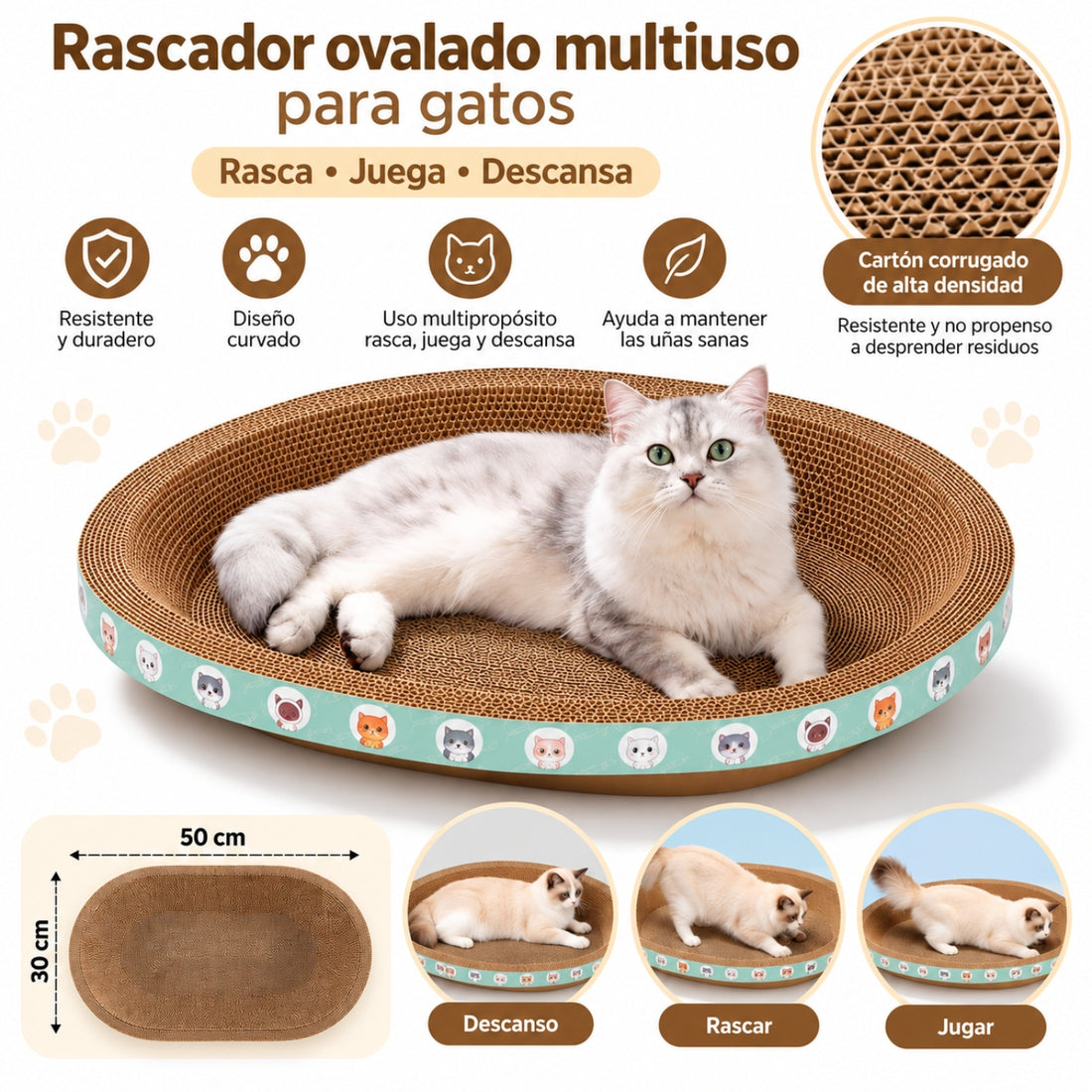 Cama Rascador Ovalado para Gato Corrugado de Alta Densidad 30x50cm