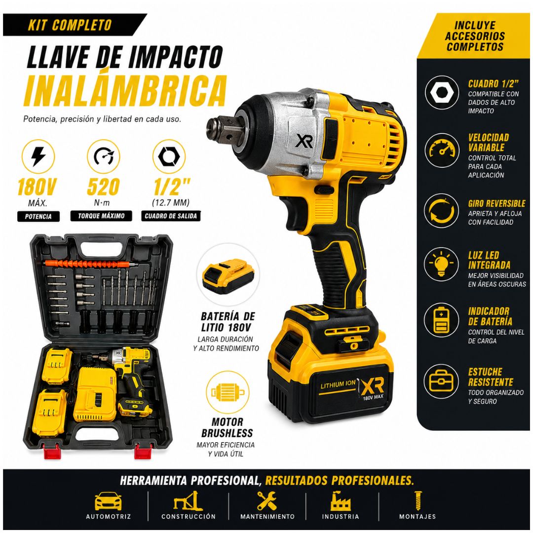 Kit Llave de Impacto Inalámbrica 1/2" Doble Batería 180V Taladro Atornillador