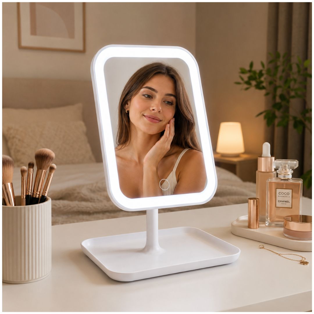 Espejo LED Recargable 3 Tonos de Iluminación Control Táctil Ángulo Ajustable