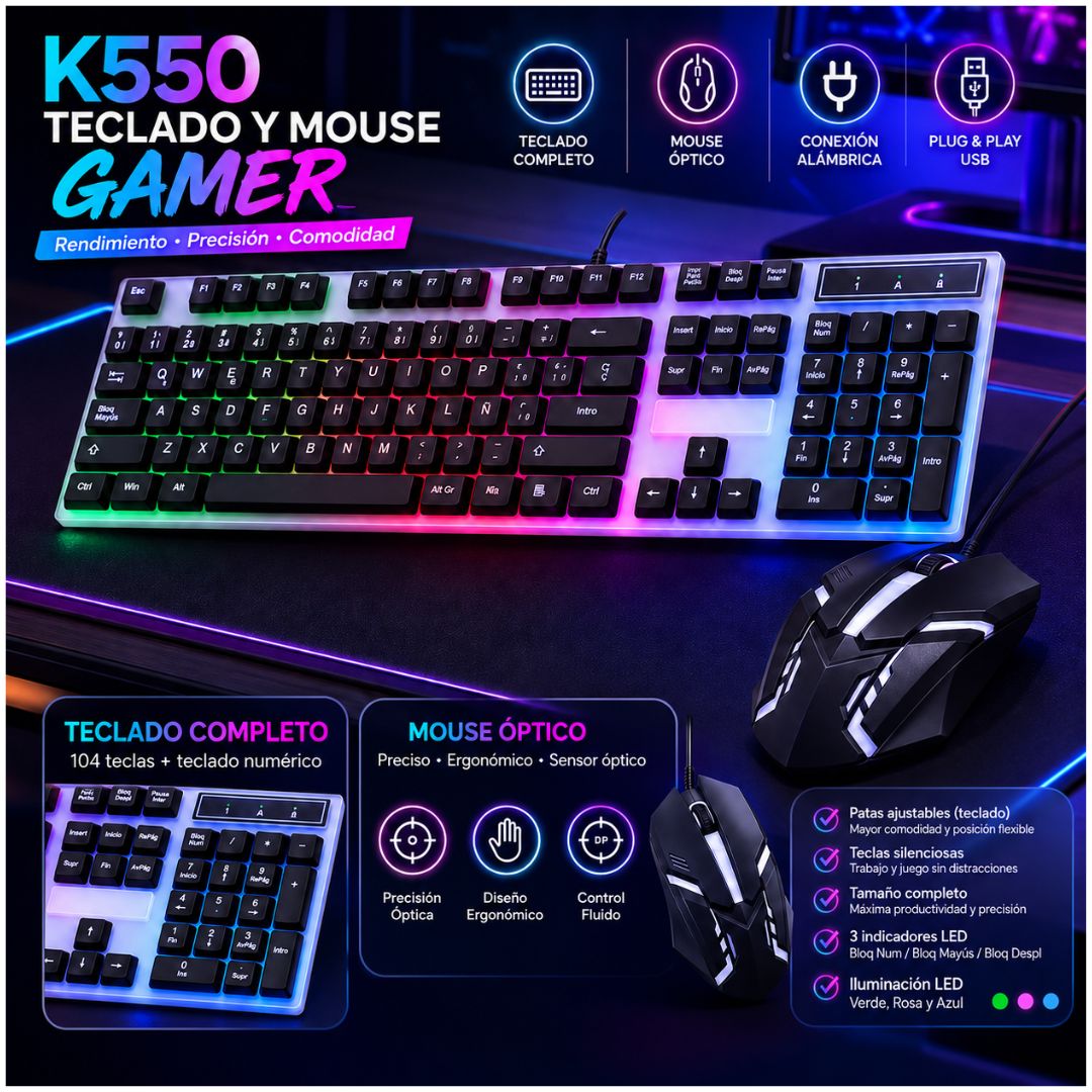 Kit Teclado y Mouse RGB Combo Gamer K550 2 en 1 Para PC Laptop