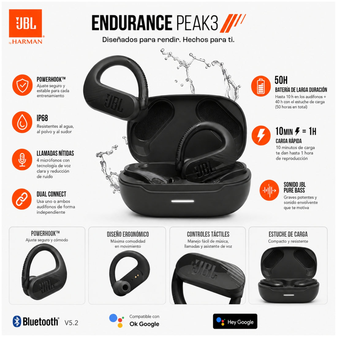 Audífonos Inalámbricos JBL Endurance Peak 3 Bluetooth 5.2 IP68 con PowerHook