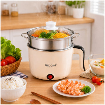 Mini Olla Eléctrica Multiusos Fuxiong 1L Portátil de 600W con Vaporera Acero Inox