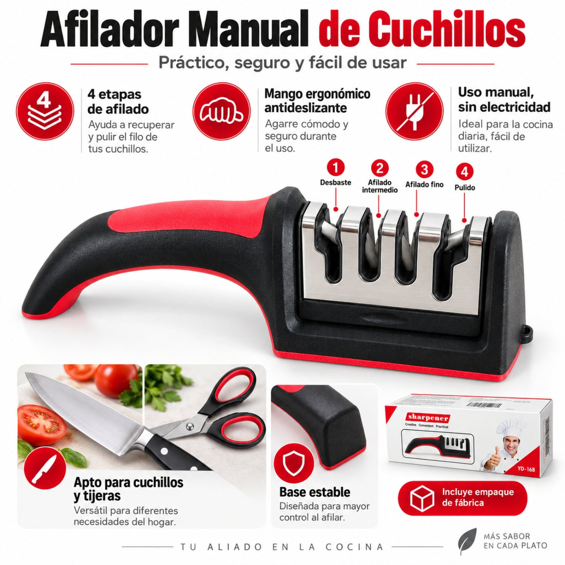 Afilador Manual de Cuchillos 4 Etapas con Mango Antideslizante