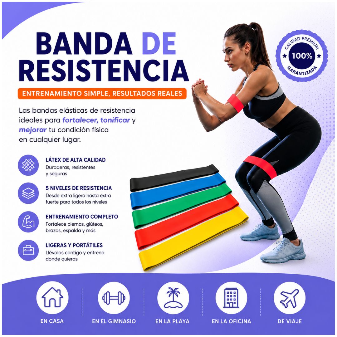 Set x5 Bandas Elásticas de Resistencia para Ejercicios Fitness Glúteos Piernas Yoga Pilates