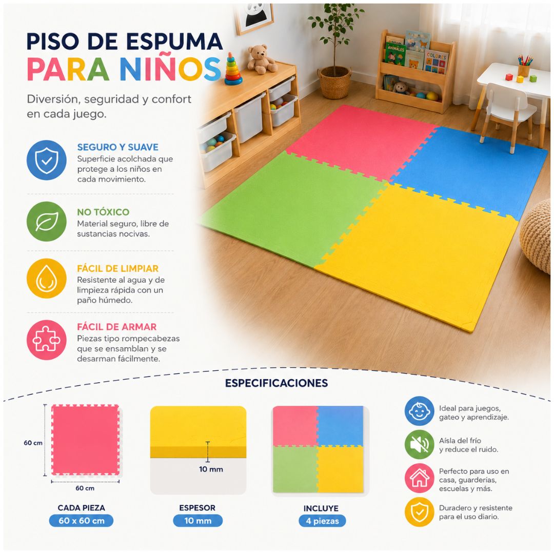 Pack x4 Piso Espuma Infantil 120x120cm Tapete Acolchado Antideslizante Bebés y Niños