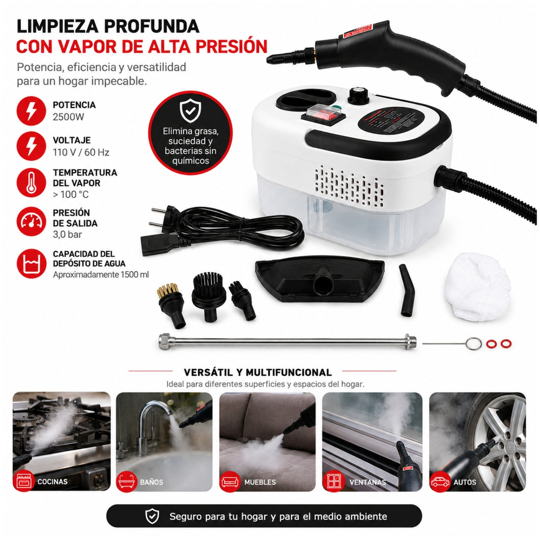 Limpiador a Vapor Portátil 2500W Multifunción 1500ml Alta Potencia con Accesorios