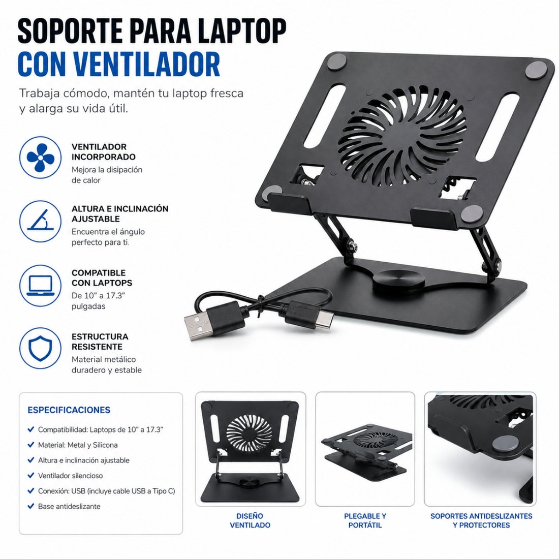 Soporte Ajustable para Laptop de 10" a 17.3" YL-910 con Ventilador USB Base 360°