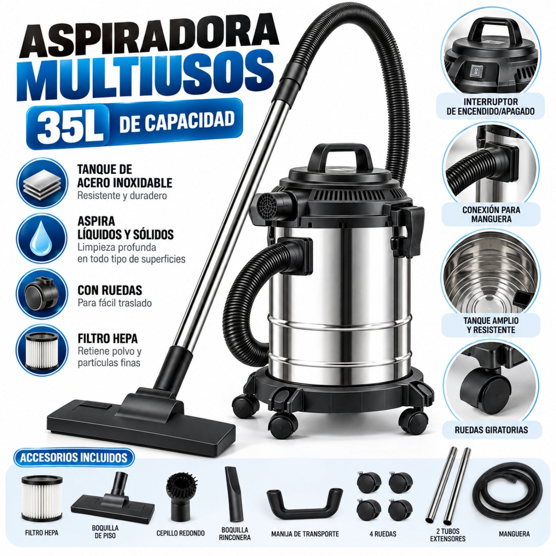 Aspiradora Multiuso 35L Acero Inoxidable 5800W para Sólidos y Líquidos con Filtro HEPA