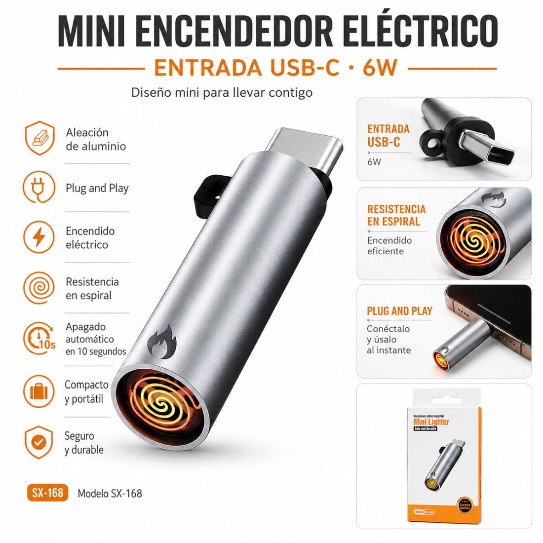 Mini Encendedor Eléctrico USB-C 6W Portátil de Aluminio SX-168