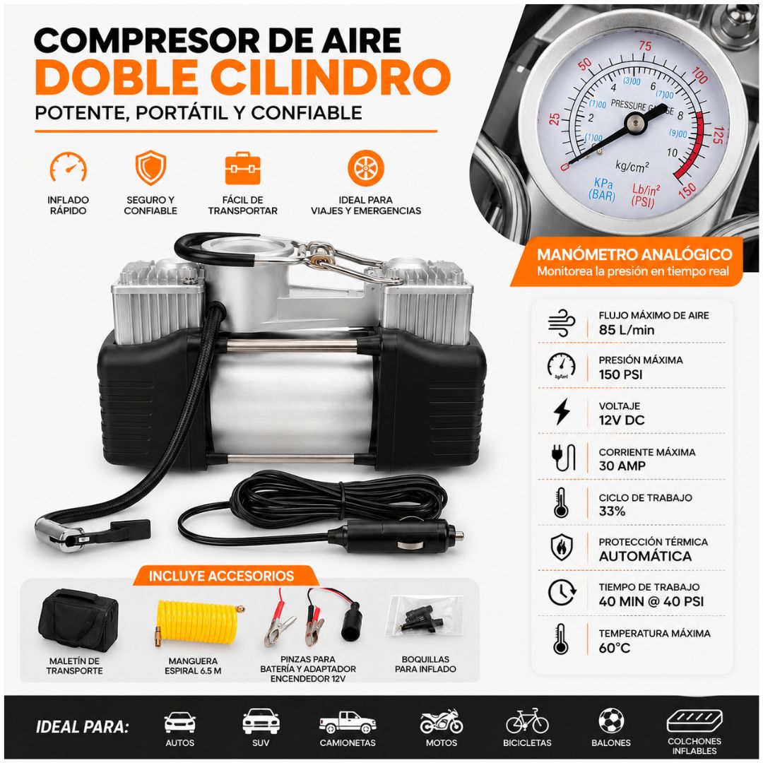 Compresor de Aire 12V Inflador Neumáticos Llanta Doble Cilindro 150psi 85L/min