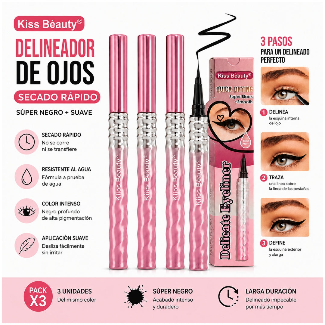 Pack x3 Delineador Líquido Kiss Beauty Super Negro Punta Fina Secado Rápido