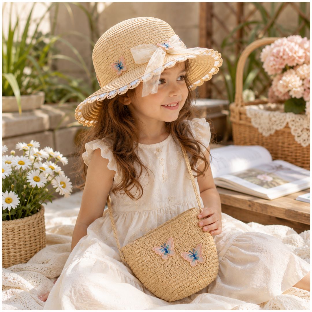 Set Infantil Cartera y Sombrero de Paja Para Niña Diseño Mariposas