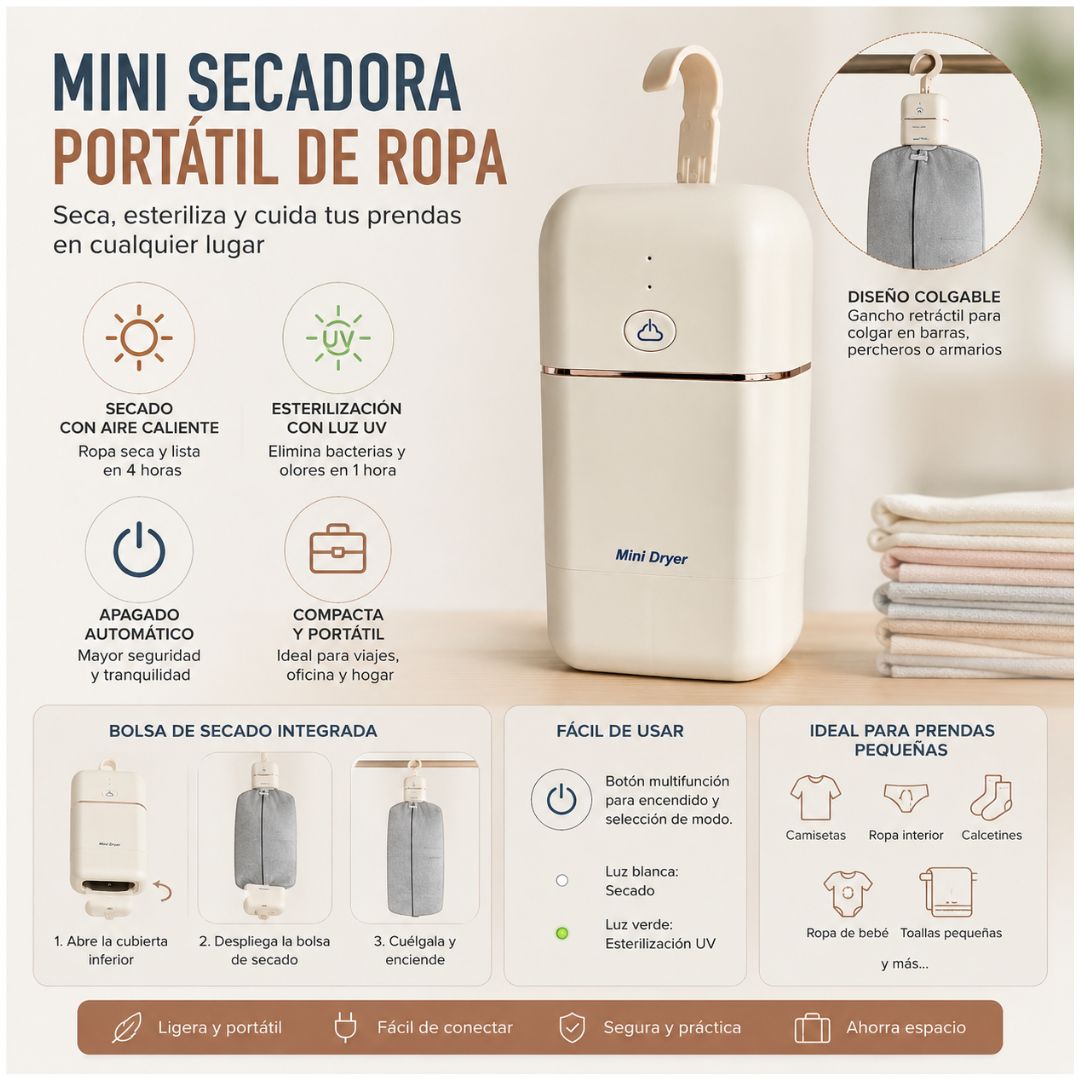 Mini Secadora Portátil de Ropa Eléctrica con Luz UV Plegable Para Viajes Hogar