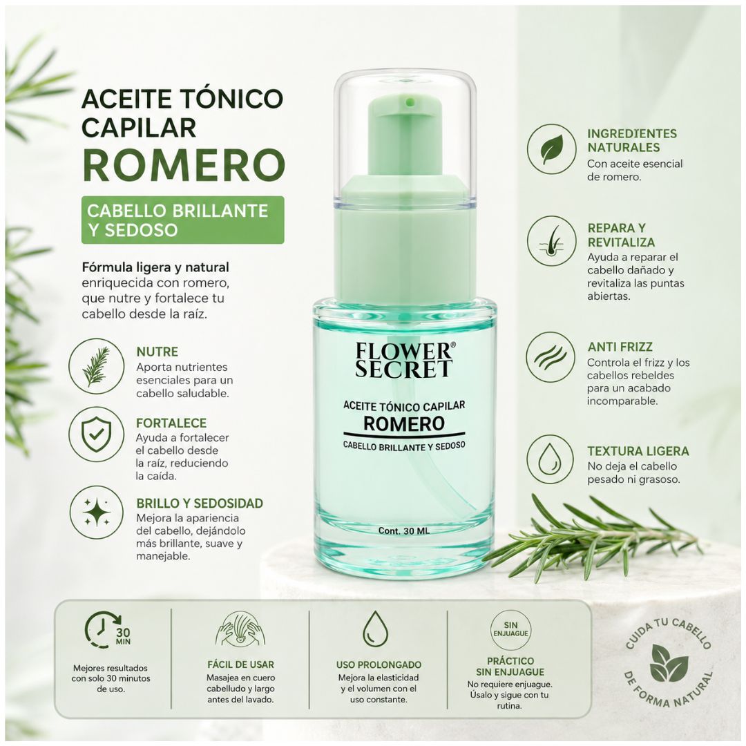 Aceite Tónico Capilar de Romero Flower Secret 30ml Anti-Frizz Nutre Fortalece