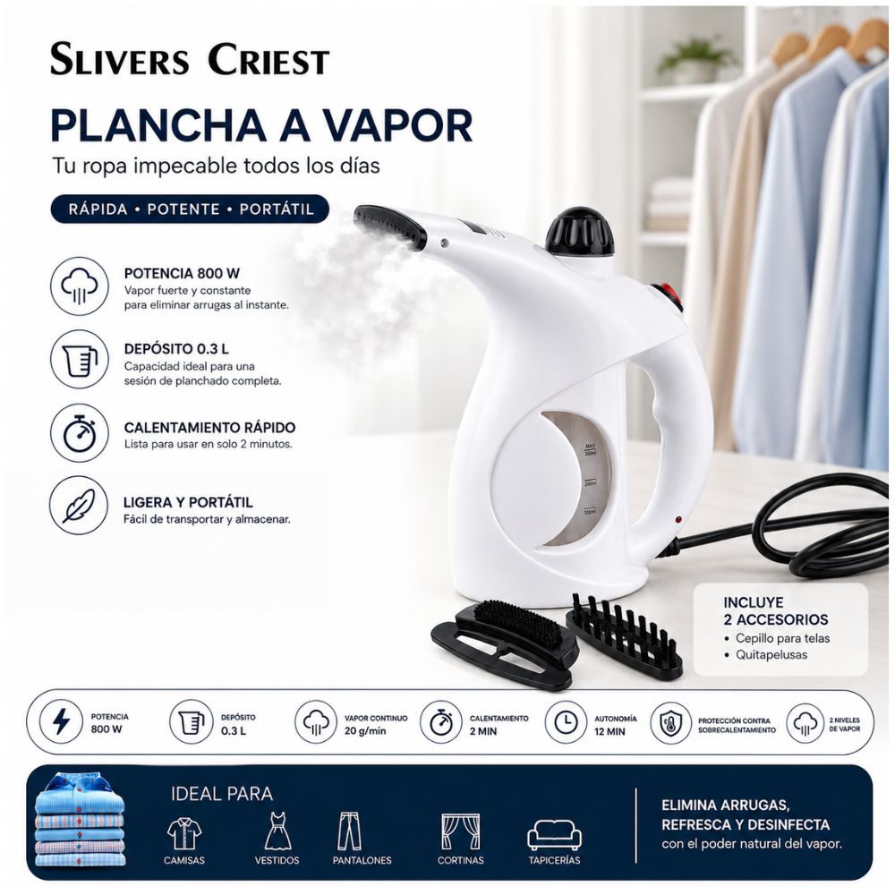 Plancha a Vapor Portátil Blanco SC-9741 para Ropa 800W Planchado Vertical