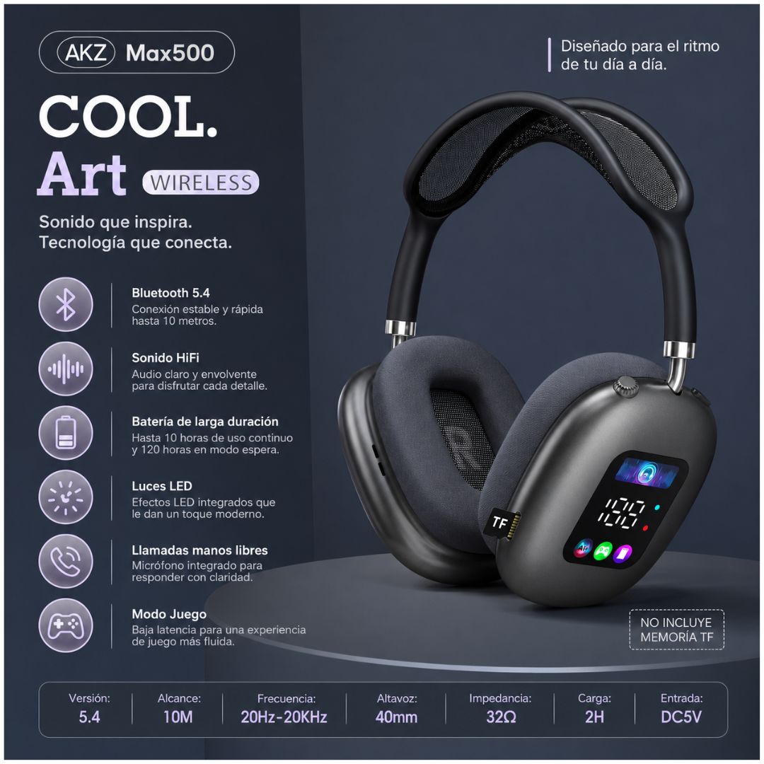 Audífonos Inalámbricos Bluetooth AKZ Max500 Pantalla Digital Vincha Ajustable