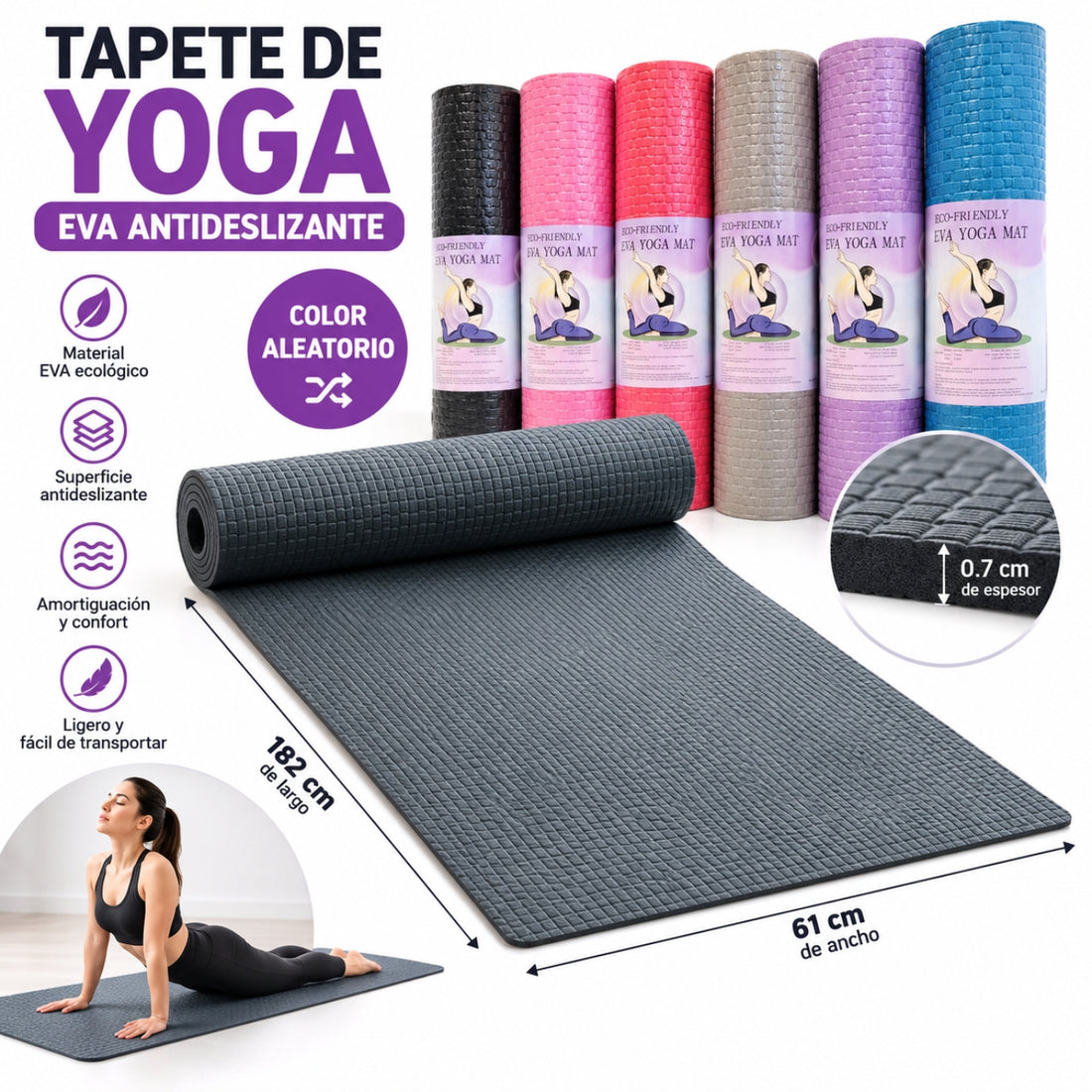 Tapete Colchoneta de Yoga Pilates y Ejercicio Antideslizante 182X61cm Color Aleatorio