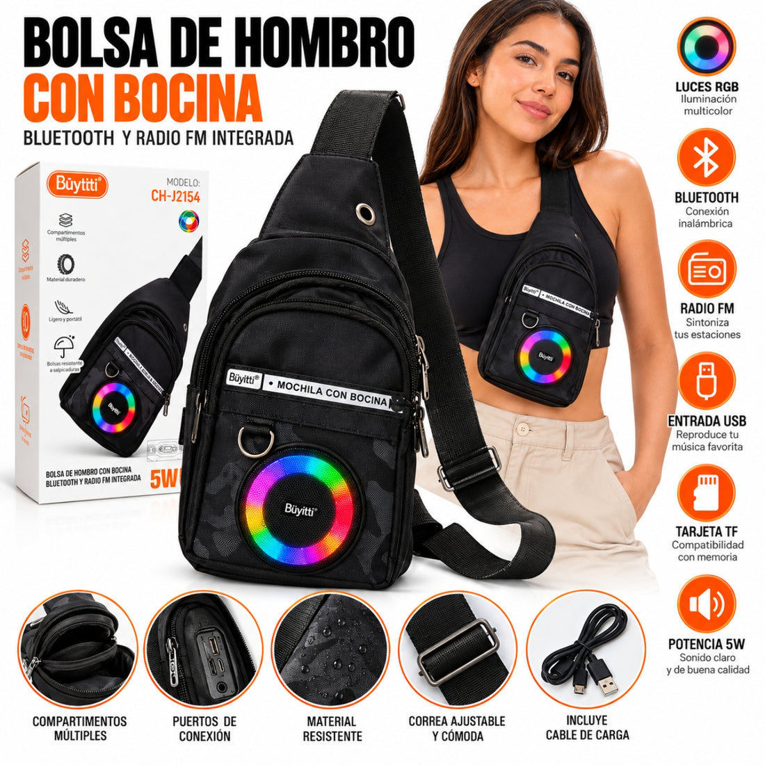 Bolso Pechera Morral con Parlante Bluetooth RGB 5W Radio FM USB y MicroSD