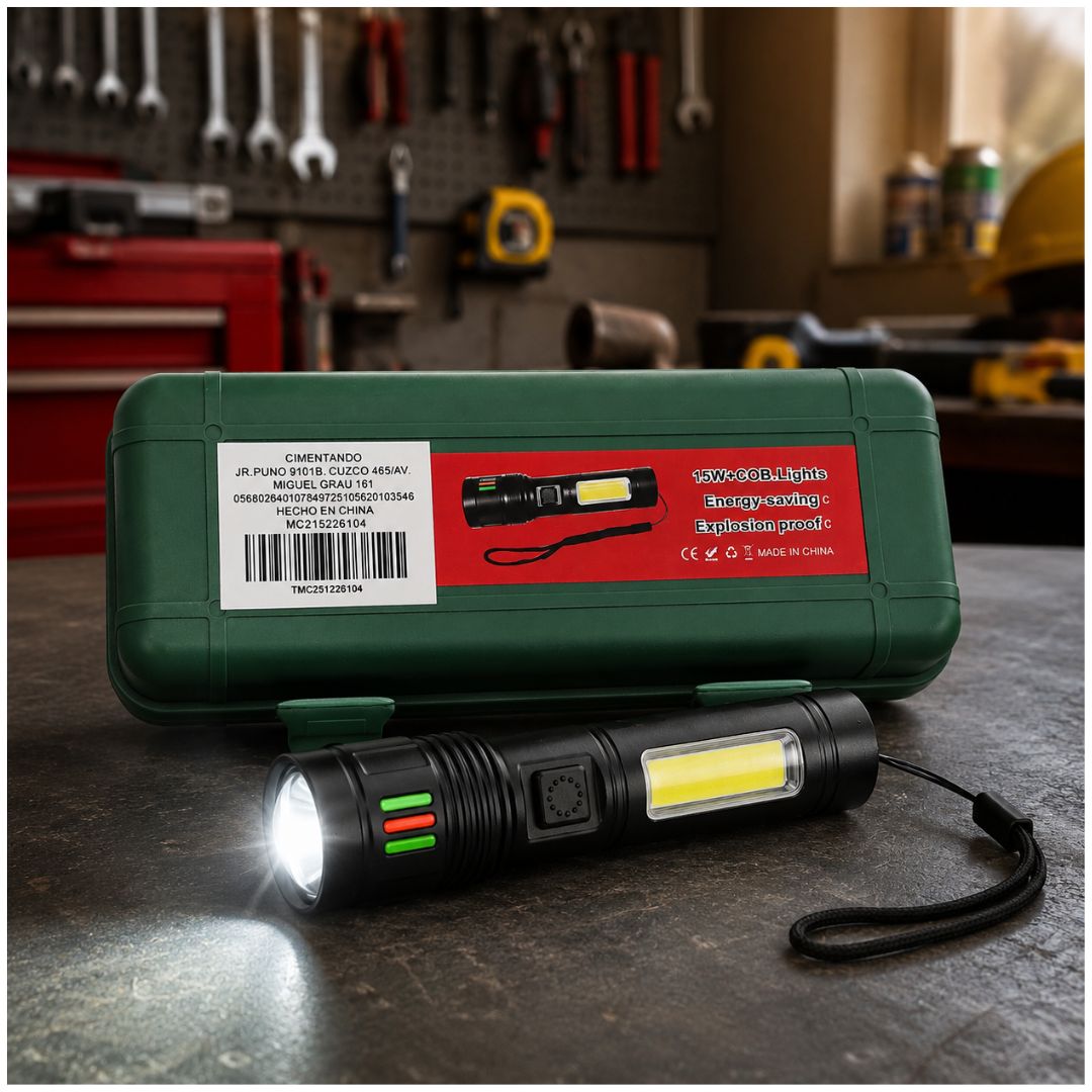 Linterna LED Recargable Multifunción Potente 15W Luz Frontal y Lateral Enfoque Ajustable